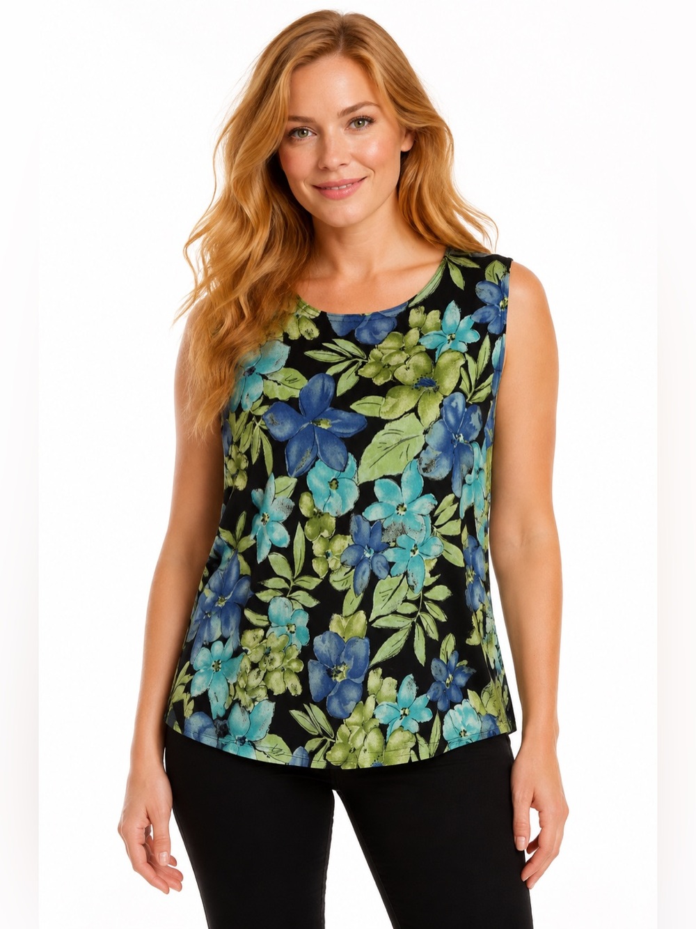 Vintage N Touch Floral Tank Top M Made USA Blue Green Acetate Stretch 90s